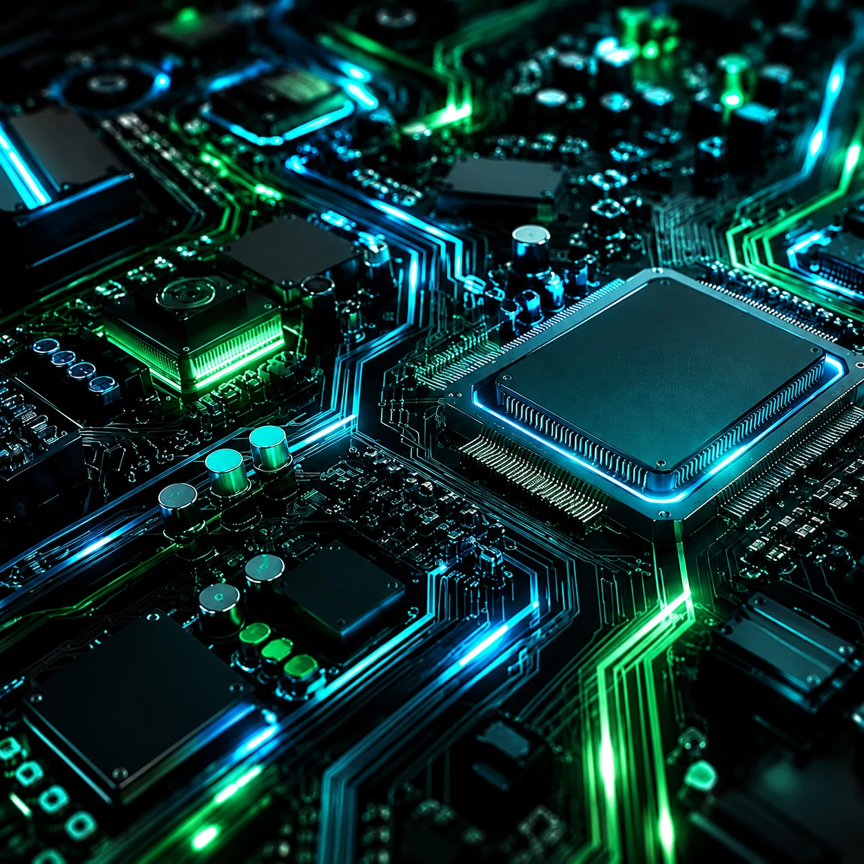 Detailed circuit board illuminated by cyan and emerald pathways